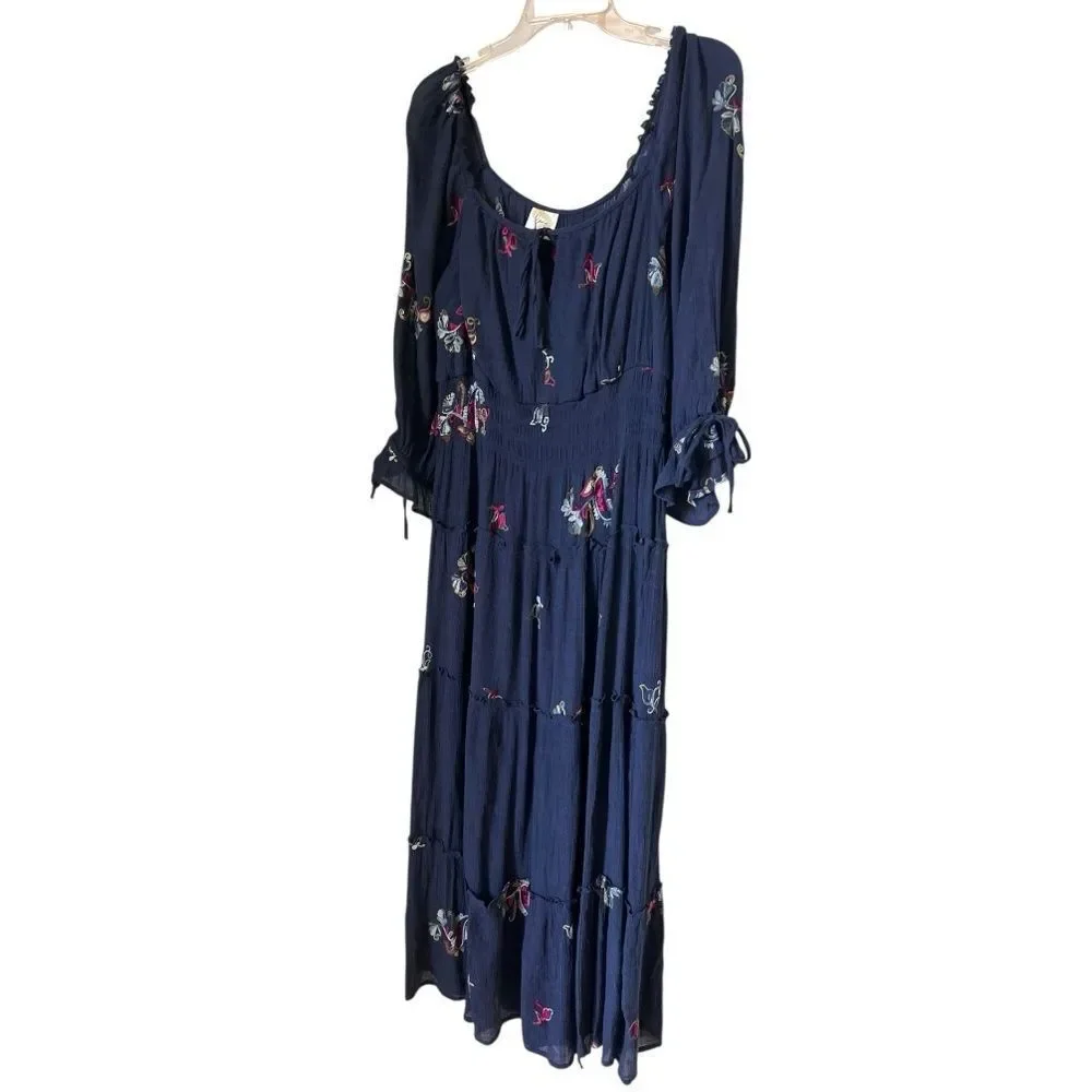 Fig and Flower Blue Embroidered Floral Tiered Modern Boho Maxi Peasant Dress L